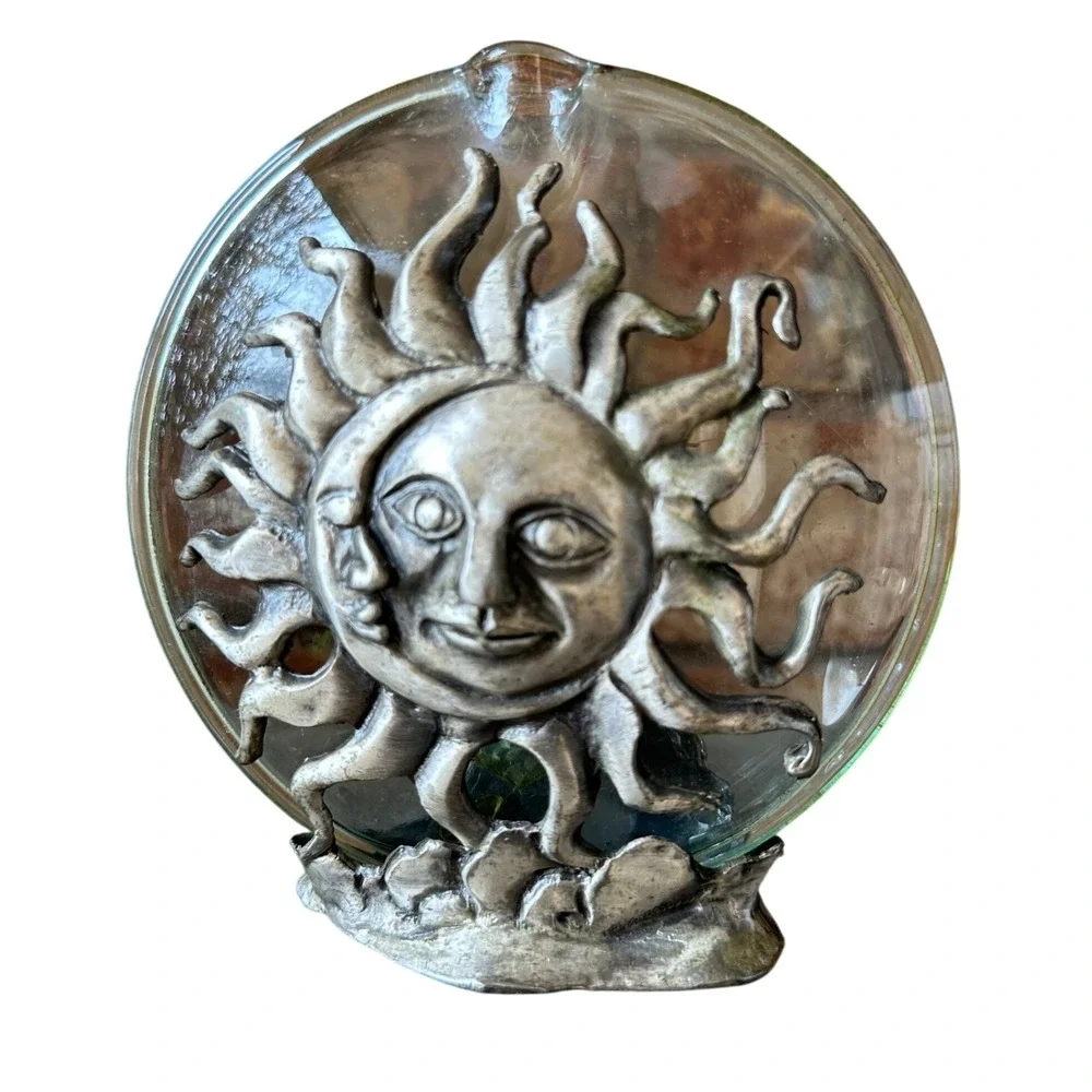 READ Celestial Sun Moon Pewter Glass Bud Vase Silver Tone Whimsigoth Decor